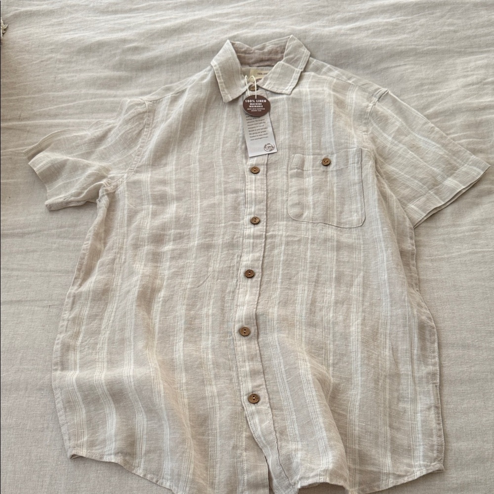 Panama Jack Light Beige Stripe Short Sleeve Button-Down Shirt 100% Linen